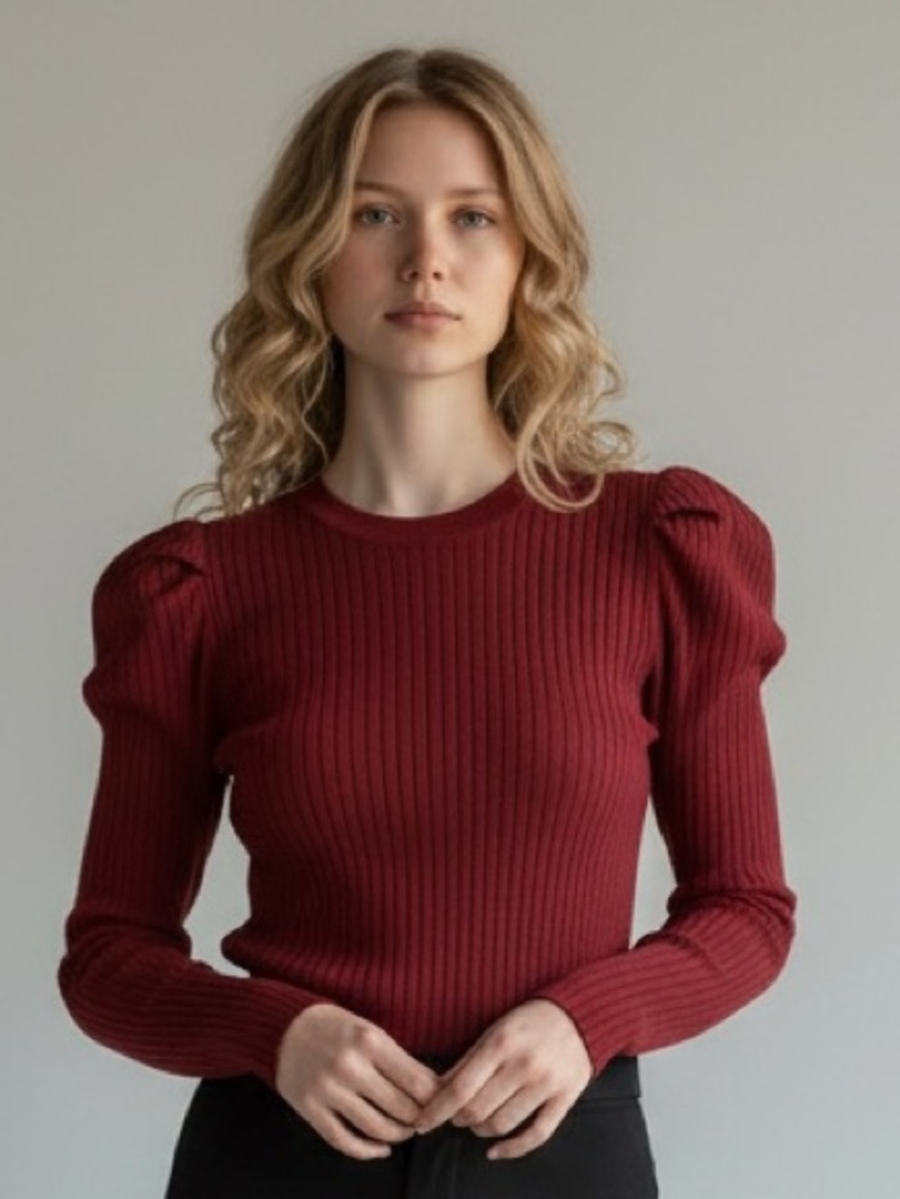 Women's Ribbed Puff-Sleeve Sweater - Burgundy Size M